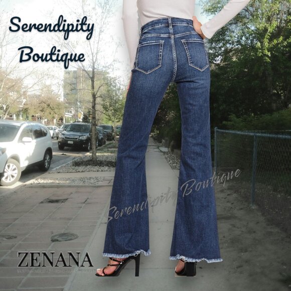 Zenana Super Stretch High Rise Bell Bottom Retro 70s Dark Wash Jeans - Picture 3 of 16